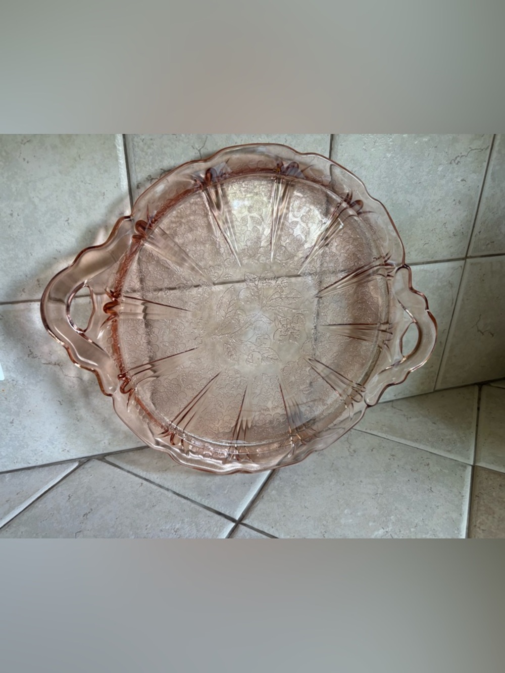 Antique Jeanette glass cherry blossom   platter w/ handle pink depression glass